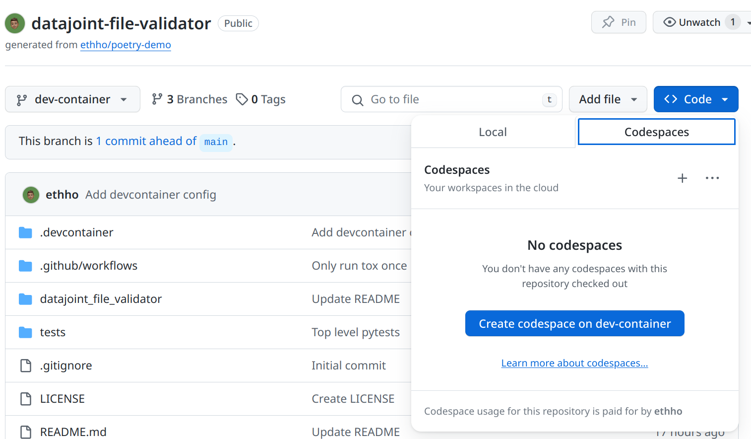 Launch devcontainer in GitHub Codespace instance